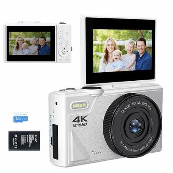 64MP Digital Camera Photography Video 4K YouTube Vlogging Cam 3Inch Flip Screen 32GB TF Card 16X Zoom White Christmas Birthday Gifts