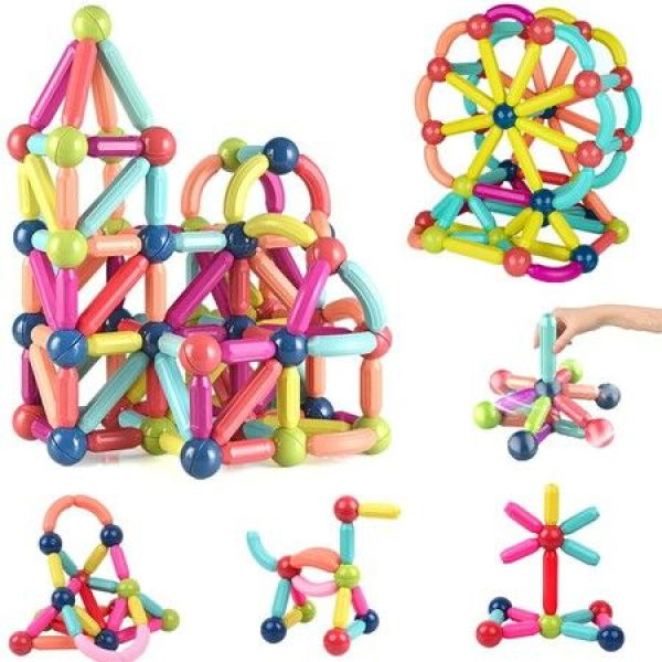 64 Pcs Magnetic Balls And Rods Building Sticks Blocks Set Vibrant Colors Different Sizes Educational Stacking STEM Magnet Toys For Ages 3+