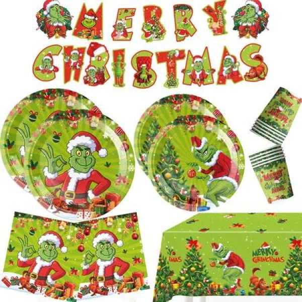 67 PCS Grinch Christmas Dinnerware Set Includes Paper Plates Napkins Cups Ideal for Christmas Party Supplies