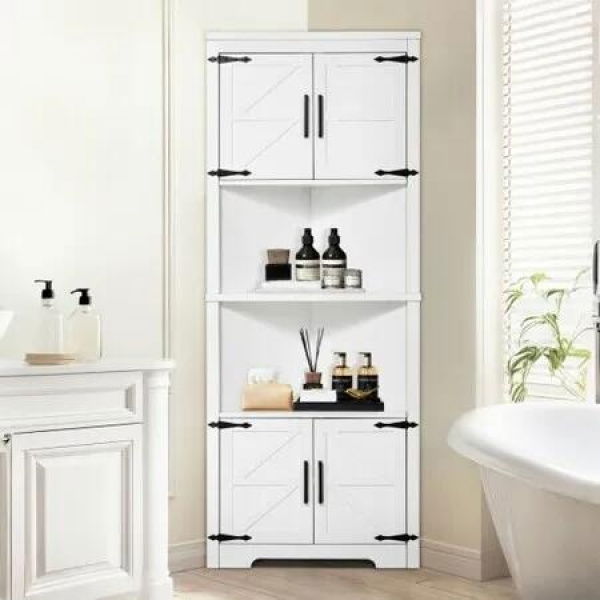 68 Corner Storage Cabinet with 4 Wooden Doors & Adjustable Shelves White