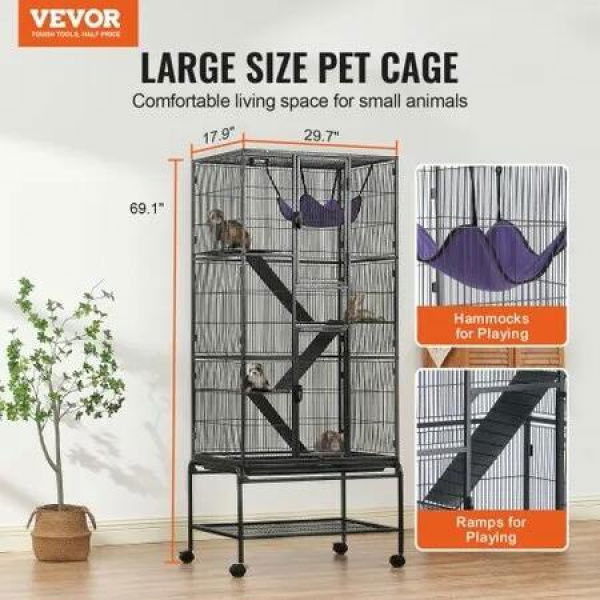 69' Metal Small Animal Cage 4-Tier Rolling Ferret Cage with Tray 3 Ramps