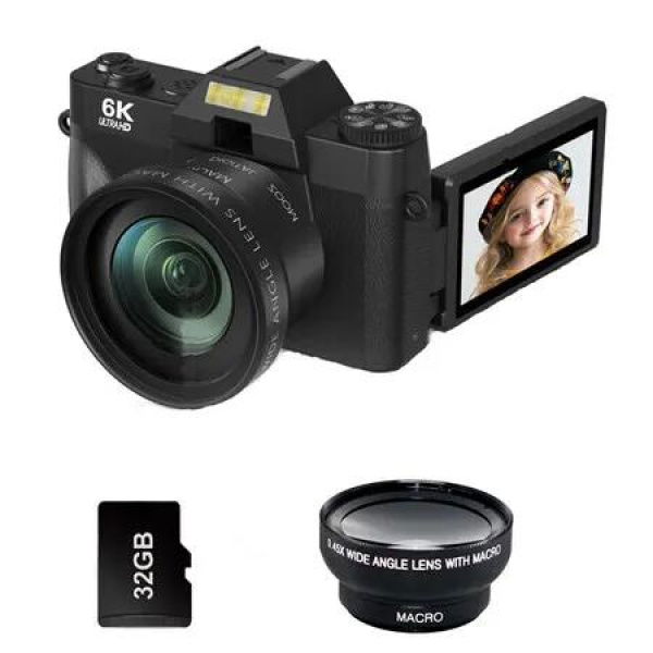 6K Digital Camera for Photography, 64MP Vlogging Camera for YouTube with 3 Inch 180 Degree Flip Screen, with 32GB TF Card, Black