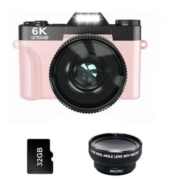 6K Digital Camera for Photography, 64MP Vlogging Camera for YouTube with 3 Inch 180 Degree Flip Screen, with 32GB TF Card, Pink