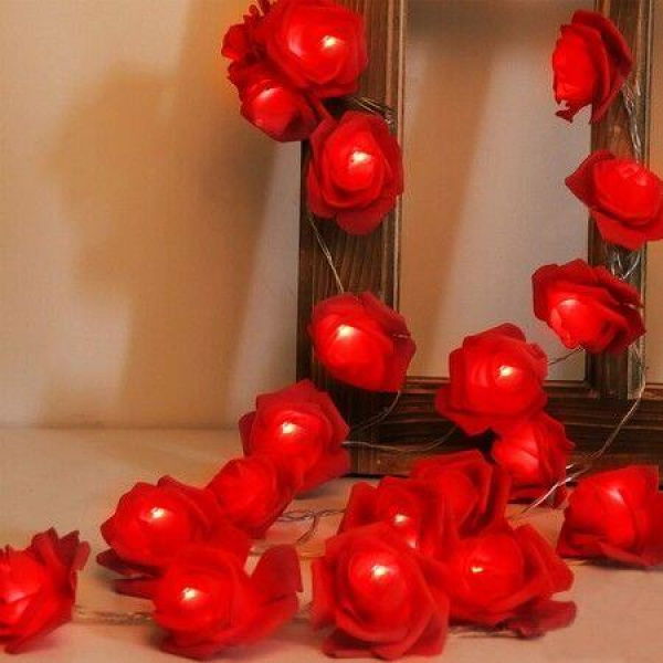 6M 40 LED Rose Lights Valentine Garland With Lights Battery Operated Red Rose Flower String Lights Valentines Day Decorations