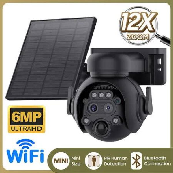 6MP Security Solar Cameras Wireless Outdoor 12X Zoom WiFi Battery Powered 355 Degree with PIR Motion Detection,Color Night Vision,Spotlight Siren