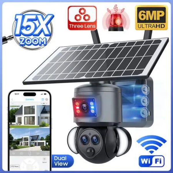 6MP Three Lens Solar Security Camera with 15X ZOOM,Outdoor Wireless Cam with PIR Human Detection,Night Version Red Blue Light Alarm
