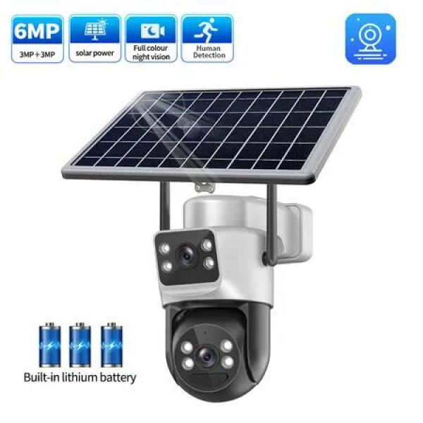 6MP WiFi Solar Camera Dual Lens 360 Degree PTZ Night Vision 10m PIR Detection IP66 Waterproof