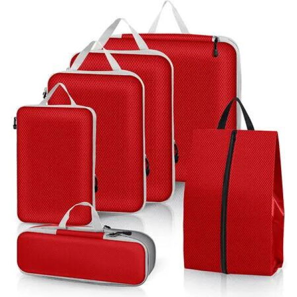 6Pc Compressed Luggage Packing Cube,Travel Storage Organizer Set with Shoe Pouch,Mesh Visual Luggage Bag For Portable Lightweight Suitcase Color Red