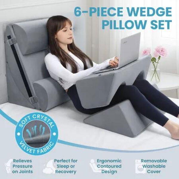 6PCS Bed Wedge Pillow Set Sofa Bedding Foam Cushion Body Back Neck Head Support Lumbar Leg Elevation Raiser Adjustable Triangle Headrest Sleep Reading