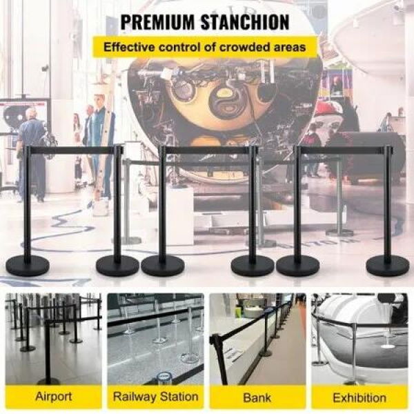 6PCS Black Belt Stanchion Queue Posts Stand Rope Retractable Crowd Barrier