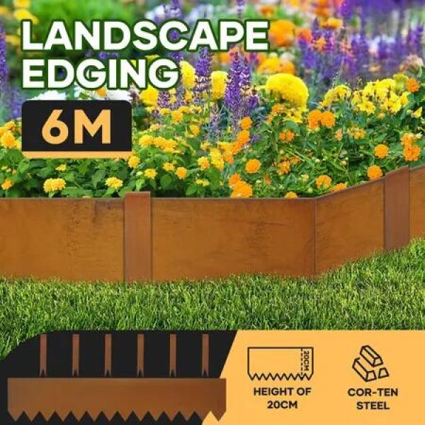 6pcs Garden Edging Set 6mx20cm Lawn Landscape Border Flower Plant Grass Bed DIY Flexible CorTen Steel Path Driveway Fence