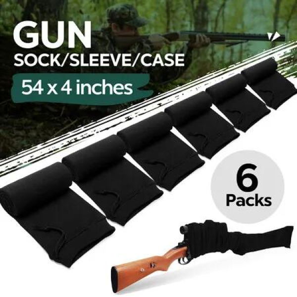 6pcs Gun Shotgun Socks Rifle Cases 137x10cm Pistol Airsoft Sleeves Handgun Storage Protector Silicone Treated Fabric Knit with Drawing Closure Black