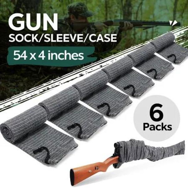 6pcs Gun Socks Shotgun Cases Rifle Sleeves Pistol Airsoft Handgun Storage Protector 137x10cm Silicone Treated Fabric Knit with Drawing Closure Grey