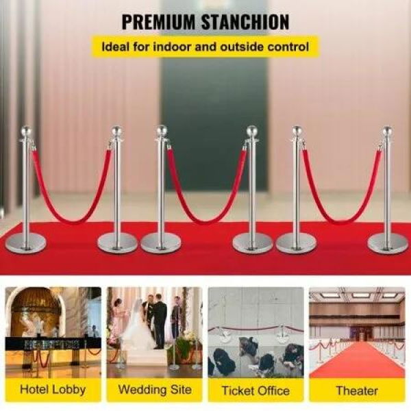 6PCS Red Rope Stanchion Silver Post Crowd Control Queue Line Barrier