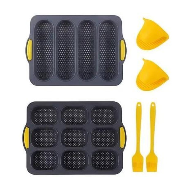 6Pcs Silicone Bread Pan With Brush Spatula Gloves Perforated Bread Baking Tray Mold Bread Pans For Oven Bake Mould Toaster Pan For Loaf Hot Dog