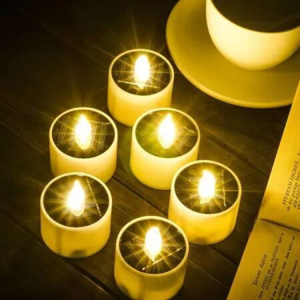 6pcs Solar Power Tea Lights Outdoor Candle Flameless Flicker IP65 Waterproof Rechargeable LED Candles with Dusk to Dawn Sensor for Lantern Garden Camping Party Home Decorations, 5 x 5 cm