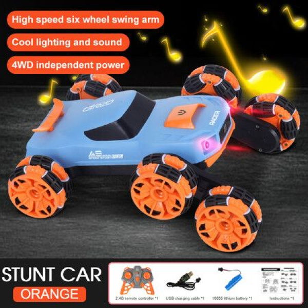 6WD Remote Control Car Stunt Tank With 360° Rotating Drifting Lights Music 6 Wheels Crawler RC Cars For Boys Age 6+ (Blue)