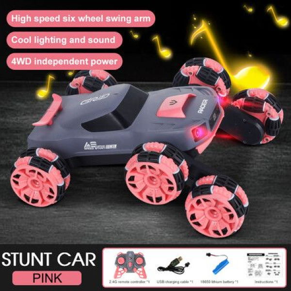 6WD Remote Control Car Stunt Tank With 360° Rotating Drifting Lights Music 6 Wheels Crawler RC Cars For Boys Age 6+ (Pink)