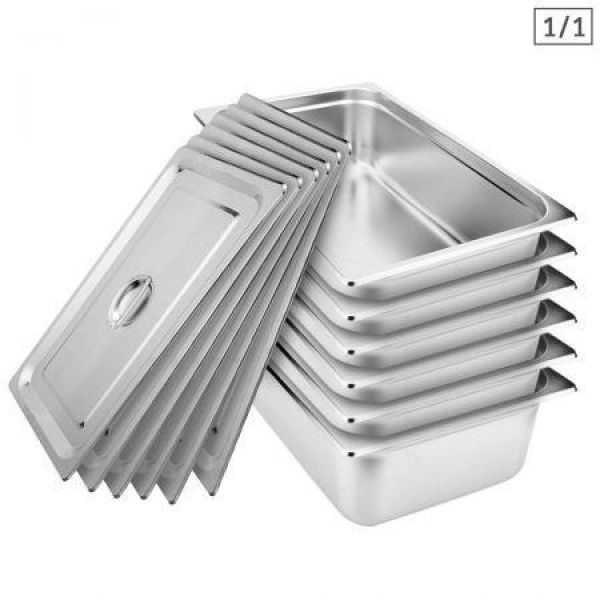 6X Gastronorm GN Pan Full Size 1/1 GN Pan 15cm Deep Stainless Steel Tray With Lid.