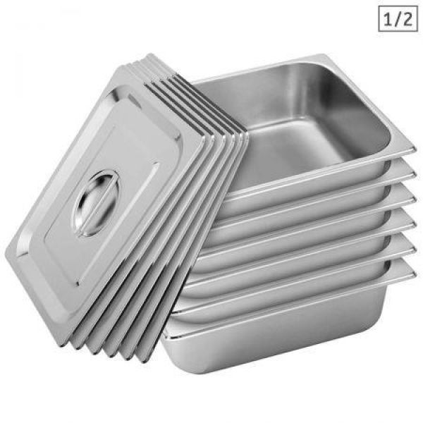 6X Gastronorm GN Pan Full Size 1/2 GN Pan 10cm Deep Stainless Steel Tray With Lid.