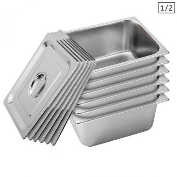 6X Gastronorm GN Pan Full Size 1/2 GN Pan 15 Cm Deep Stainless Steel With Lid.