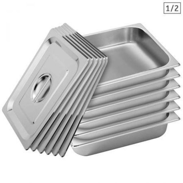 6X Gastronorm GN Pan Full Size 1/2 GN Pan 6.5cm Deep Stainless Steel Tray With Lid.