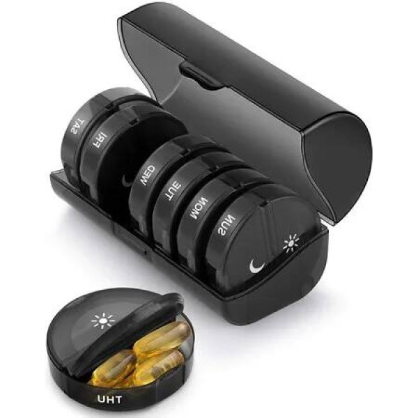 7-Day Pill Organizer - Twice-a-Day AM/PM Pill Box with Large Capacity for Pills, Vitamins, and Supplements (Black