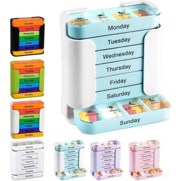 7-Day Weekly Medication Organizer,Stay on Track Medication Organizer with 7 Stackable Compartments,Four Times-a-Day for Organized Pill Taking (Blue)