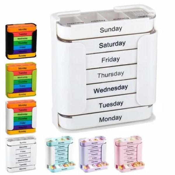 7-Day Weekly Medication Organizer,Stay on Track Medication Organizer with 7 Stackable Compartments,Four Times-a-Day for Organized Pill Taking (White)