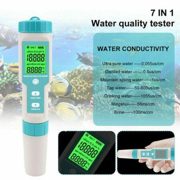 7 in 1 Digital Water Quality Tester Pen PH TDS EC Temperature Salinity ORP SG Meter for Pool Aquarium Water Testing