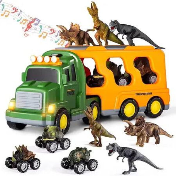 7-in-1 Dino Truck Toys for Kids with Lights Music Transport Car Dino Figures Monster Cars Friction Power Toy Vehicle Play Set