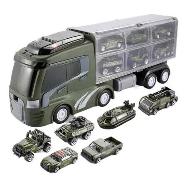 7-in-1 Kids Cargo Truck Car Carrier Toy Set with 6 Small Cars with Lights and Sounds for Children Gift (Green)