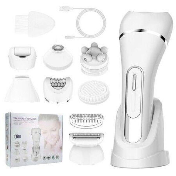 7 in 1 Rechargeable Facial Hair Remover with LED Battery Display, Facial Shaver for Face Eyebrow Bikini Nose Trimmer (White)