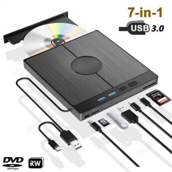 7-in-1 USB 3.0 Type-C External Optical Drive - Read and Write CDs and DVDs on Your Windows, Mac, or PC Laptop