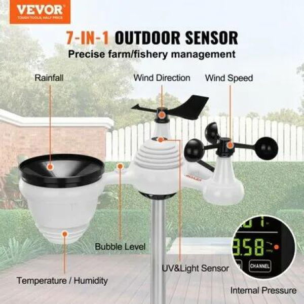 7-in-1 Wireless Weather Station 7.5 in Large Color Display Digital Home Weather Station Indoor Outdoor for Temperature Humidity Wind Speed/Direction