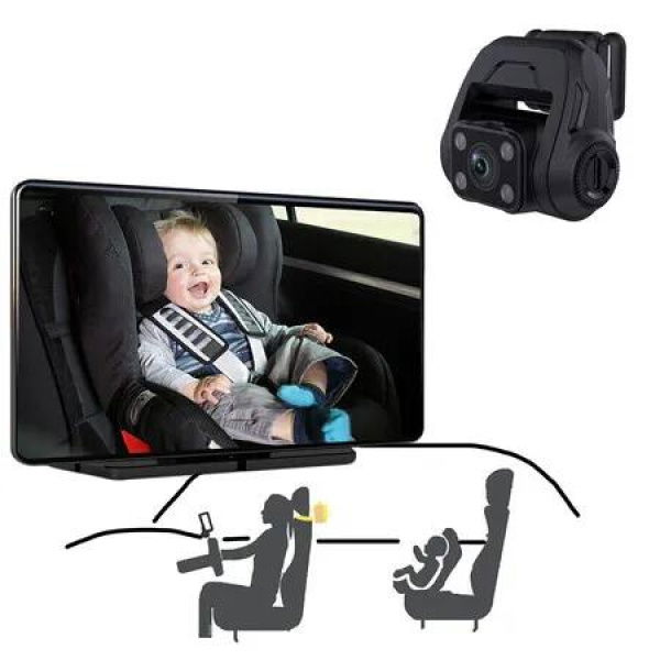 7 Inch Car Monitor With 2K HD Camera, Wireless Backseat Infant Camera with 64GB SD Card, Night Vision and Rotating View