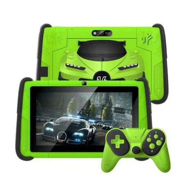 7 Inch Kids Tablet Android 12 4GB RAM 64GB ROM Parental Control Game Controllers Pre-Installed Kids Software Shockproof Case(Green)