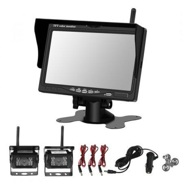 7-inch Car Wireless Rear View Monitor + 2 Reverse Cameras Caravan Bus Truck 12-24V