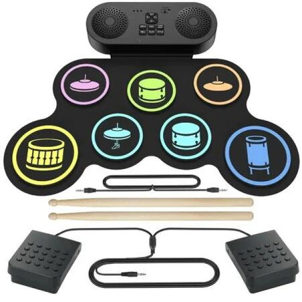 7-Pad Electronic Drum Set for Kids Portable Electric Drum Kit with Built-in Speaker Headphone Jack for Beginners with Pedals Drumsticks