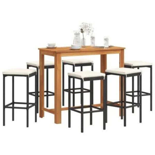 7 Piece Garden Bar Set Black Solid Wood Acacia and Poly Rattan