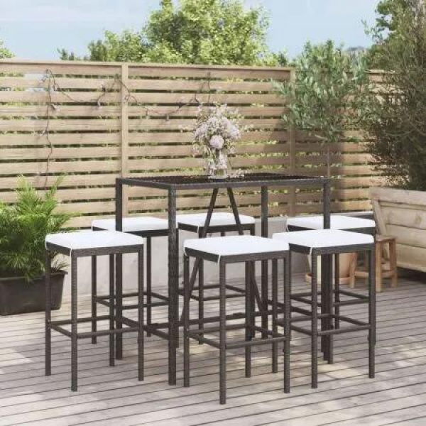 7 Piece Garden Bar Set with Cushions Black Poly Rattan