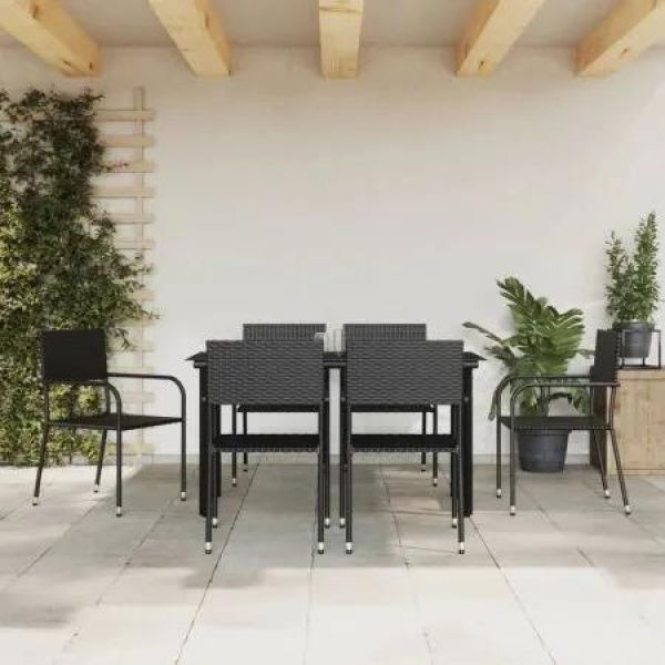 7 Piece Garden Dining Set Black Poly Rattan and Steel