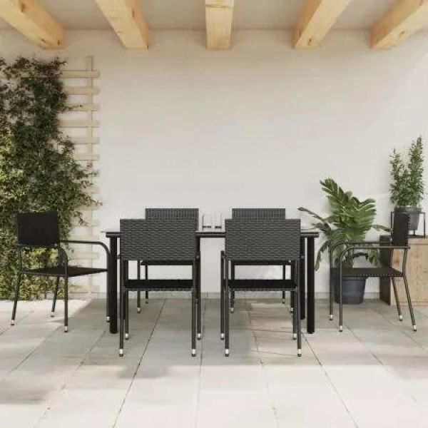 7 Piece Garden Dining Set Black Poly Rattan