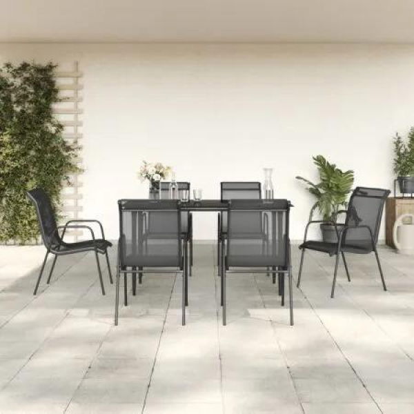 7 Piece Garden Dining Set Black Steel and Textilene