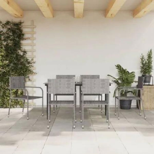 7 Piece Garden Dining Set Grey and Black Poly Rattan and Steel