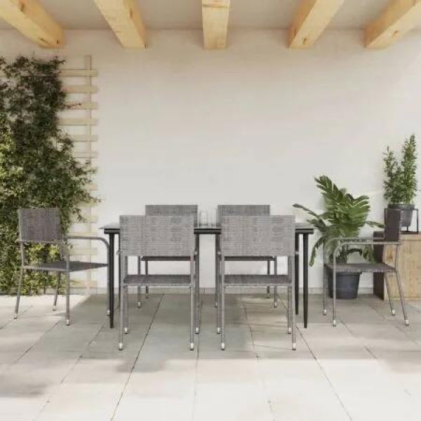 7 Piece Garden Dining Set Grey and Black Poly Rattan and Steel