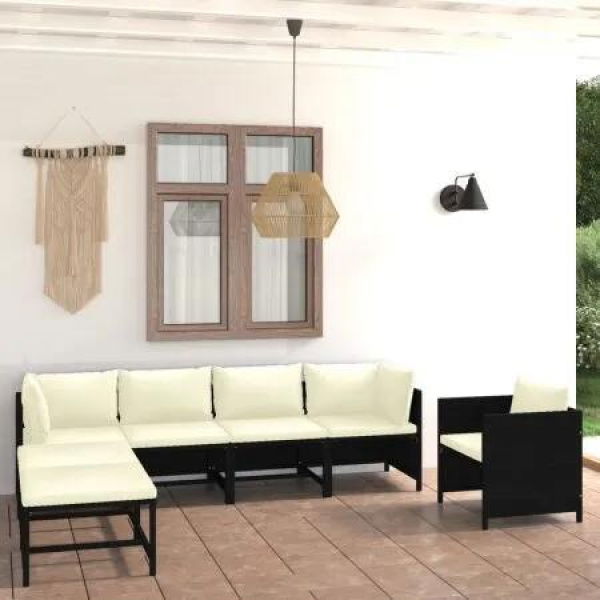 7 Piece Garden Lounge Set with Cushions Poly Rattan Black