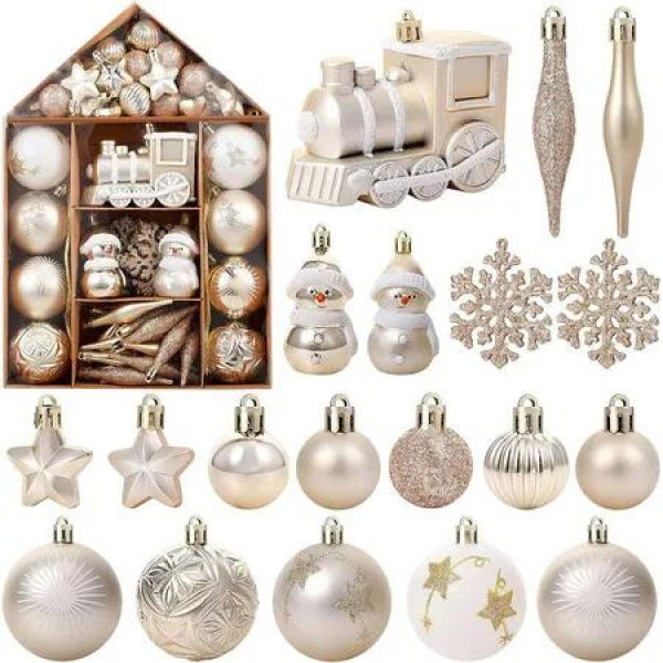 70 Pcs Christmas Tree Balls Ornaments Set Assorted Xmas Hanging Ornaments Balls with Hanging Loop for Christmas Tree, Gold