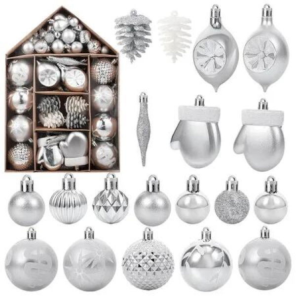 70 Pcs Christmas Tree Balls Ornaments Set Assorted Xmas Hanging Ornaments Balls with Hanging Loop for Christmas Tree, Silver