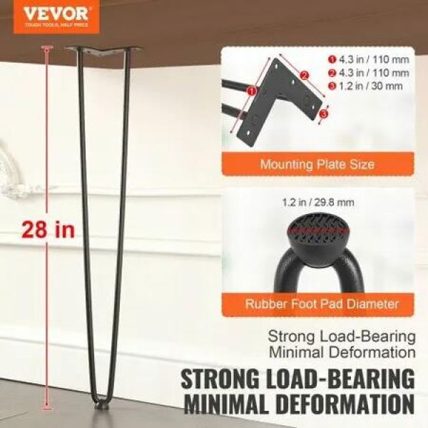 711.2MM Hairpin Furniture Legs, Metal Home DIY Projects for Nightstand, Coffee Table, Desk, 226.8KG Load Capacity with Rubber Floor Protectors, Metal Heavy Duty Sturdy Modern Table Legs, 4PCS